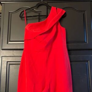 BCBG Maxazria Elegant Red One-Shoulder Jumpsuit.